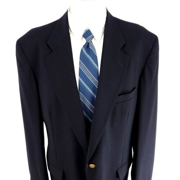 Stanley Blacker Wool 2 Gold Button Blazer 42L Or‎ Slim 44L Blue Tailored In USA - Picture 1 of 13